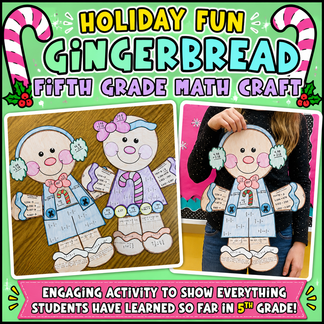 5th Grade Christmas Math Craft | Gingerbread Holiday Activity with Decimals, Fractions & Division