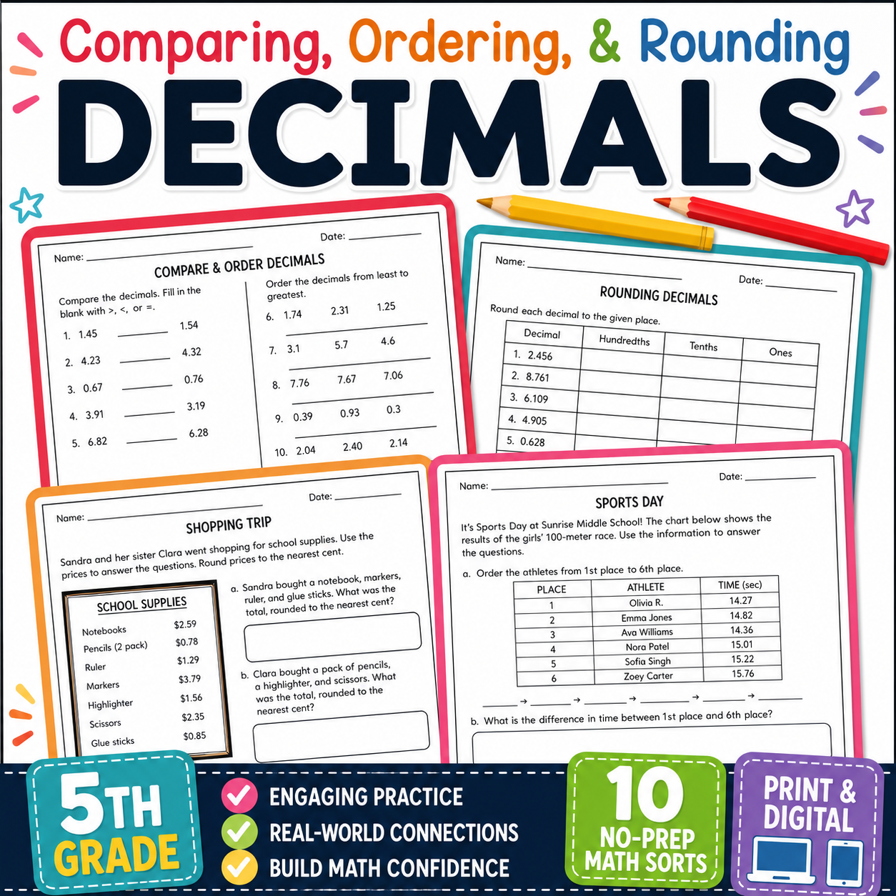 Comparing, Ordering & Rounding Decimals Worksheets | 5th Grade Math Practice