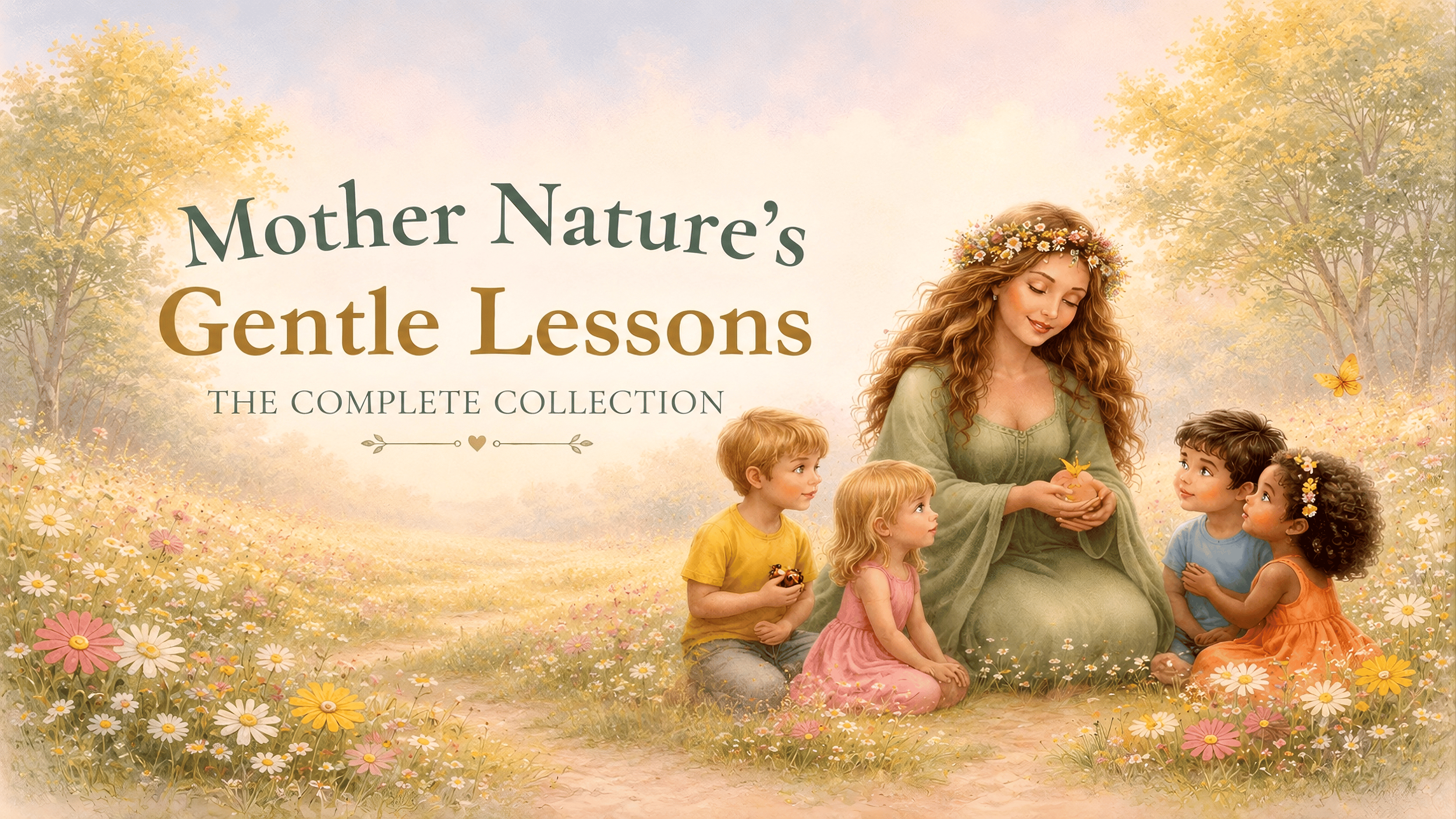 Mother Nature’s Gentle Lessons children’s book banner featuring peaceful nature stories, mindfulness, kindness, and emotional learning for young readers.