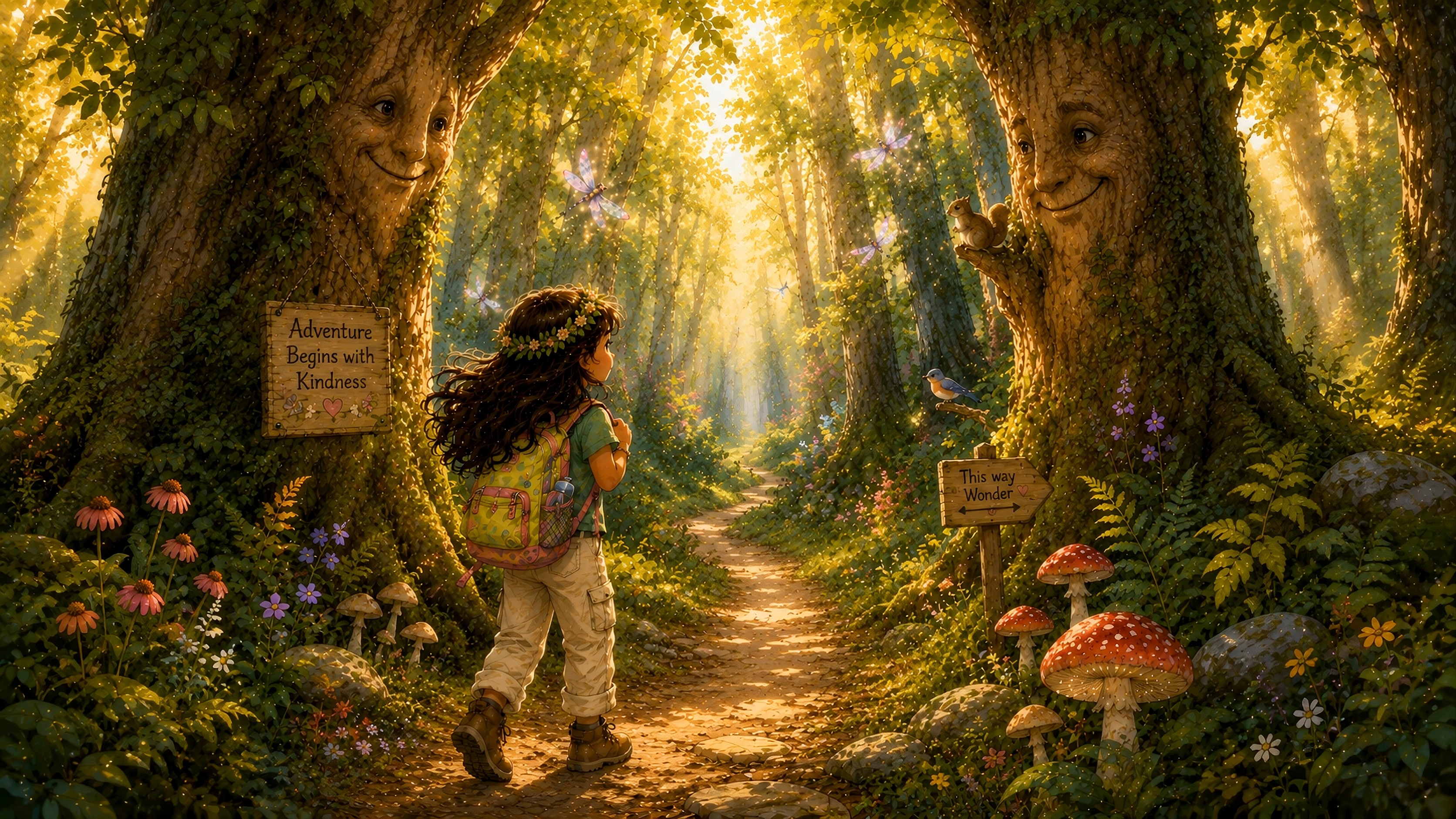 Magical forest banner featuring Mikala exploring a whimsical woodland filled with wonder, kindness, and adventure.