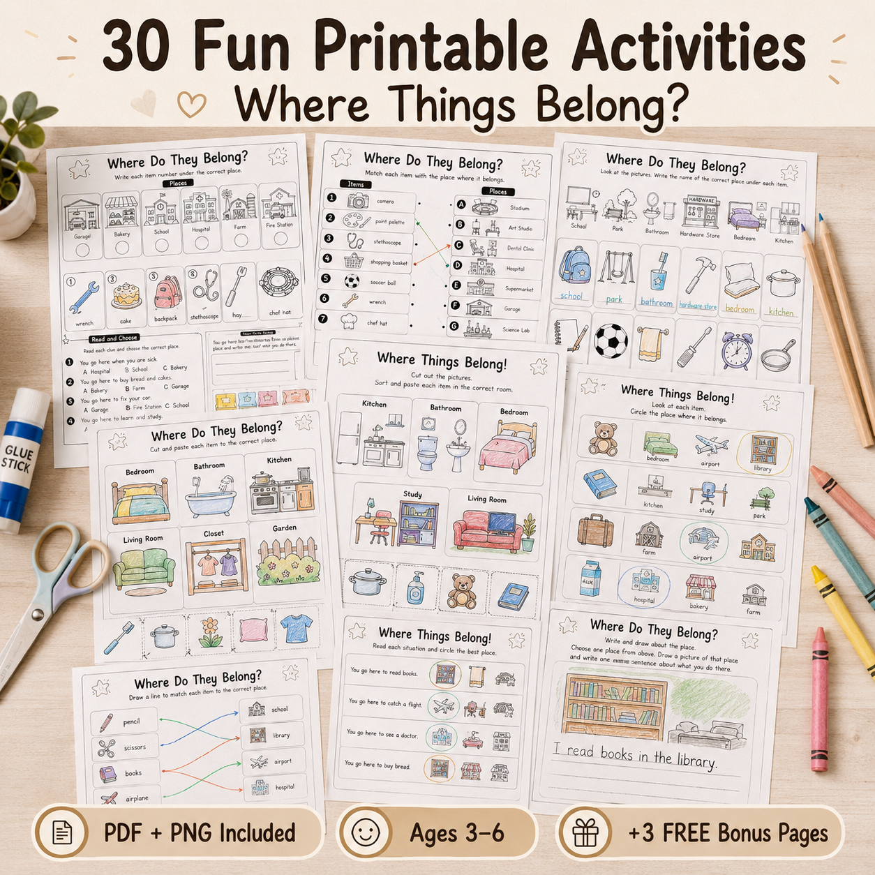 Where Things Belong! – 30 Fun Printable Activities for Kids Ages 3–6 | PDF + PNG Bundle + 3 FREE Bonus Pages