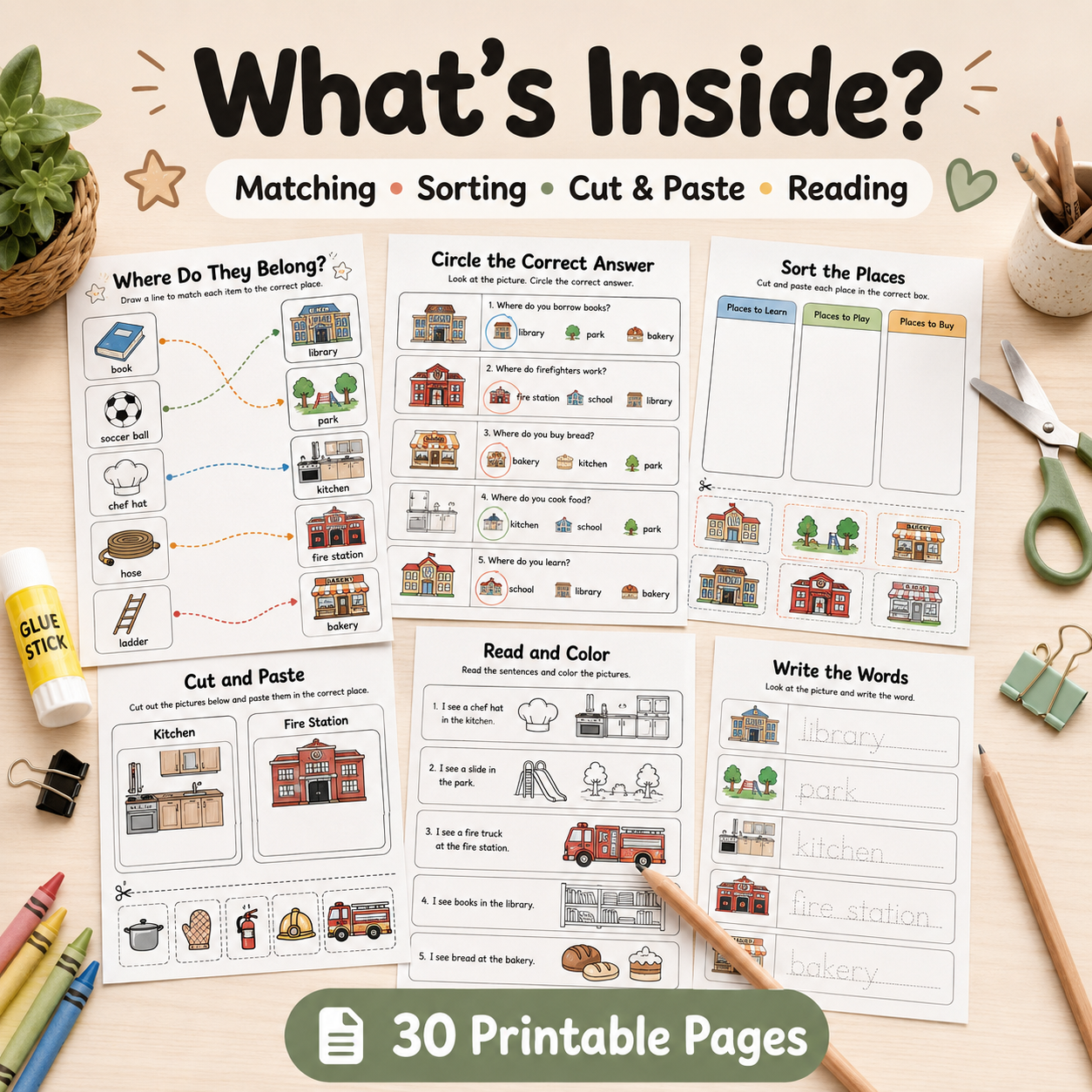 Where Things Belong! – 30 Fun Printable Activities for Kids Ages 3–6 | PDF + PNG Bundle + 3 FREE Bonus Pages