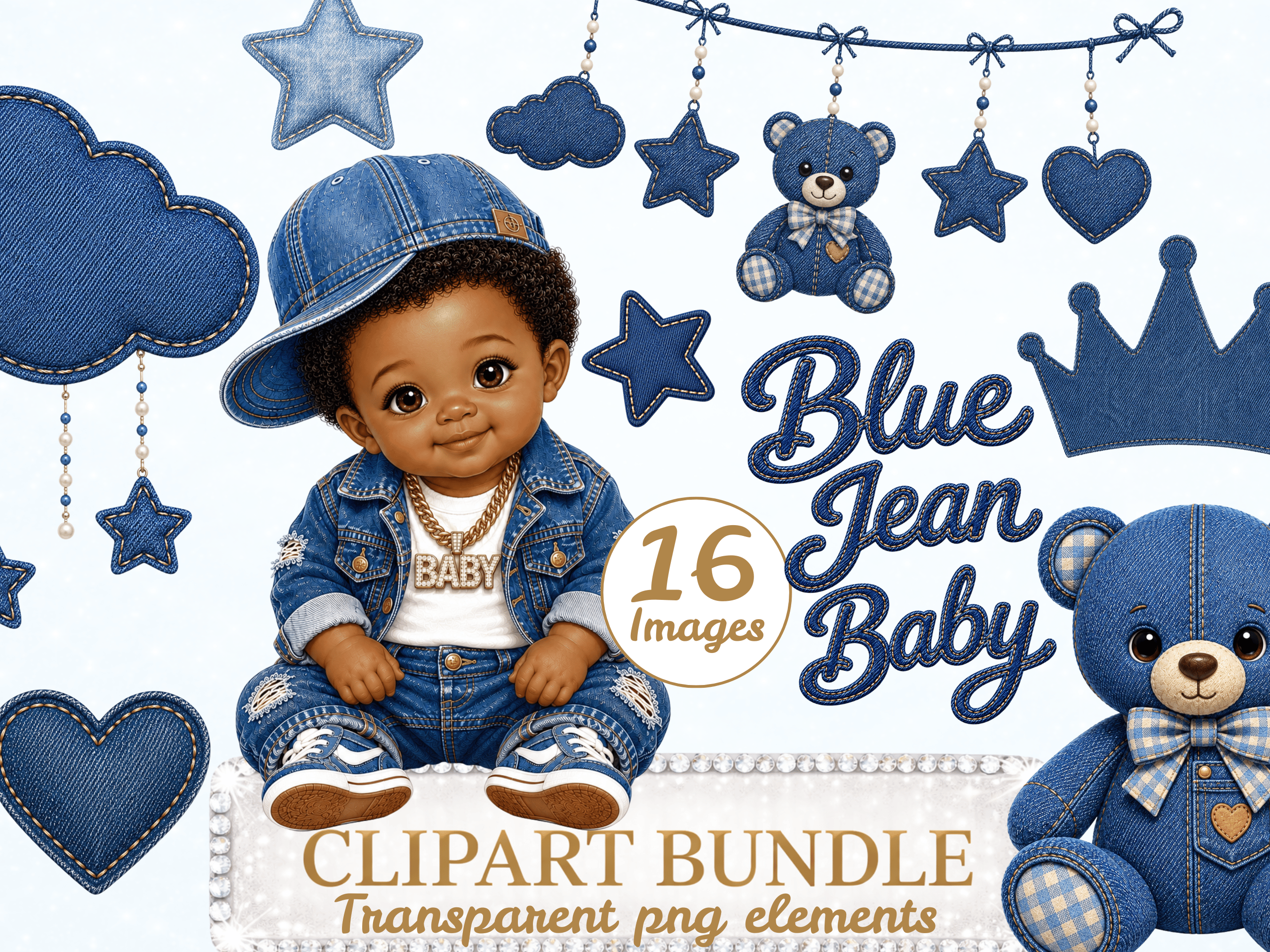 Afro Boy Blue Jean Baby Clipart Bundle Set, Denim Baby Shower PNG Clip ...