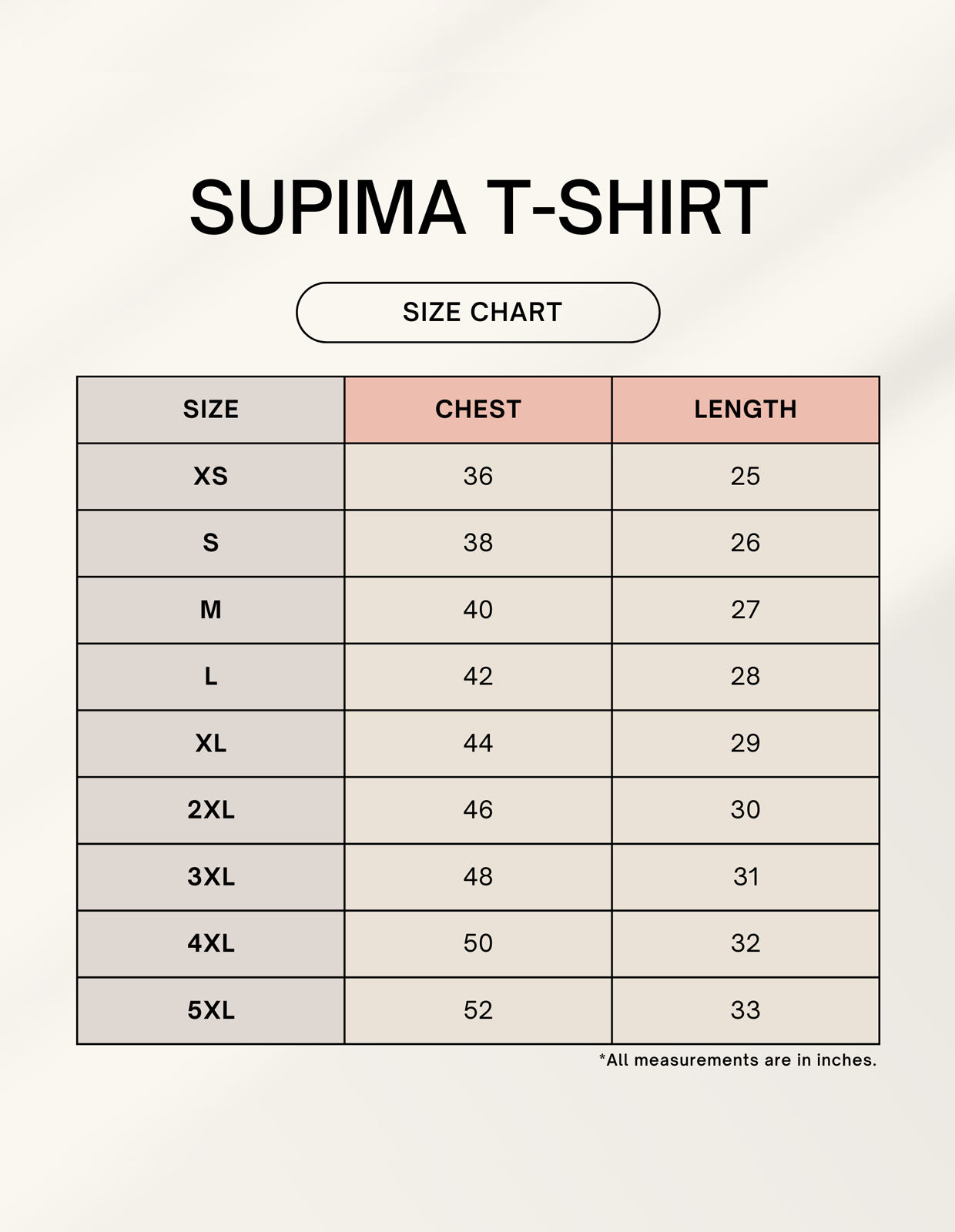 Supima tee size chart