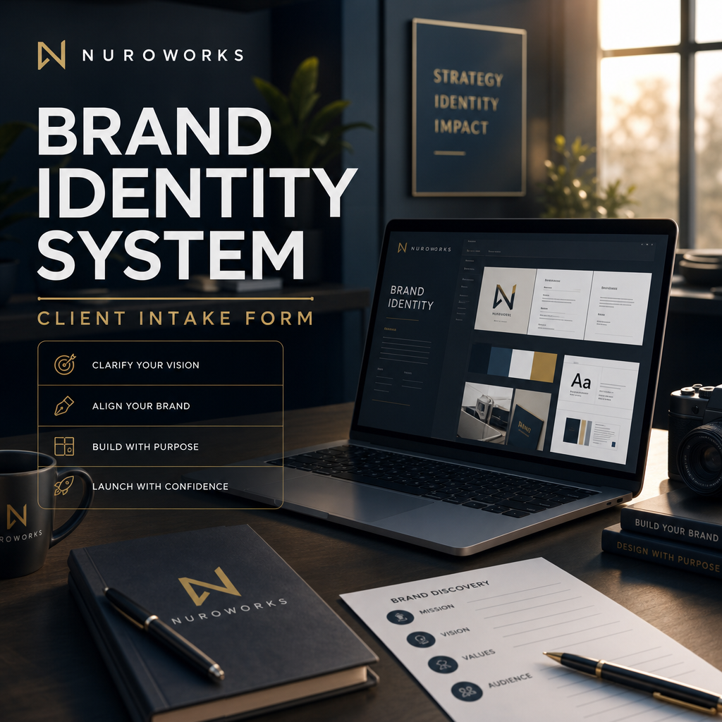 A clean, modern workspace with soft cinematic lighting. A laptop, notebook, and minimal desk accessories sit on a smooth surface, creating a professional branding environment. The scene uses cool tones with warm highlights, giving it a polished, creative,