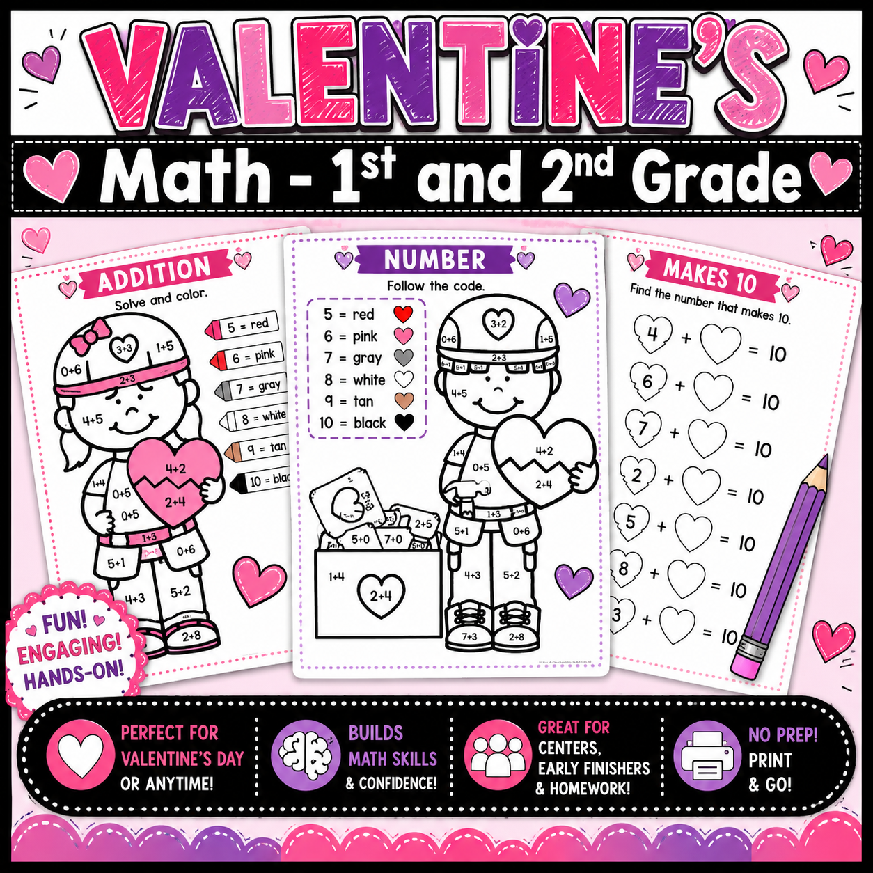 Valentine’s Day Math Worksheets | Love Addition & Candy Heart Graphing Activities