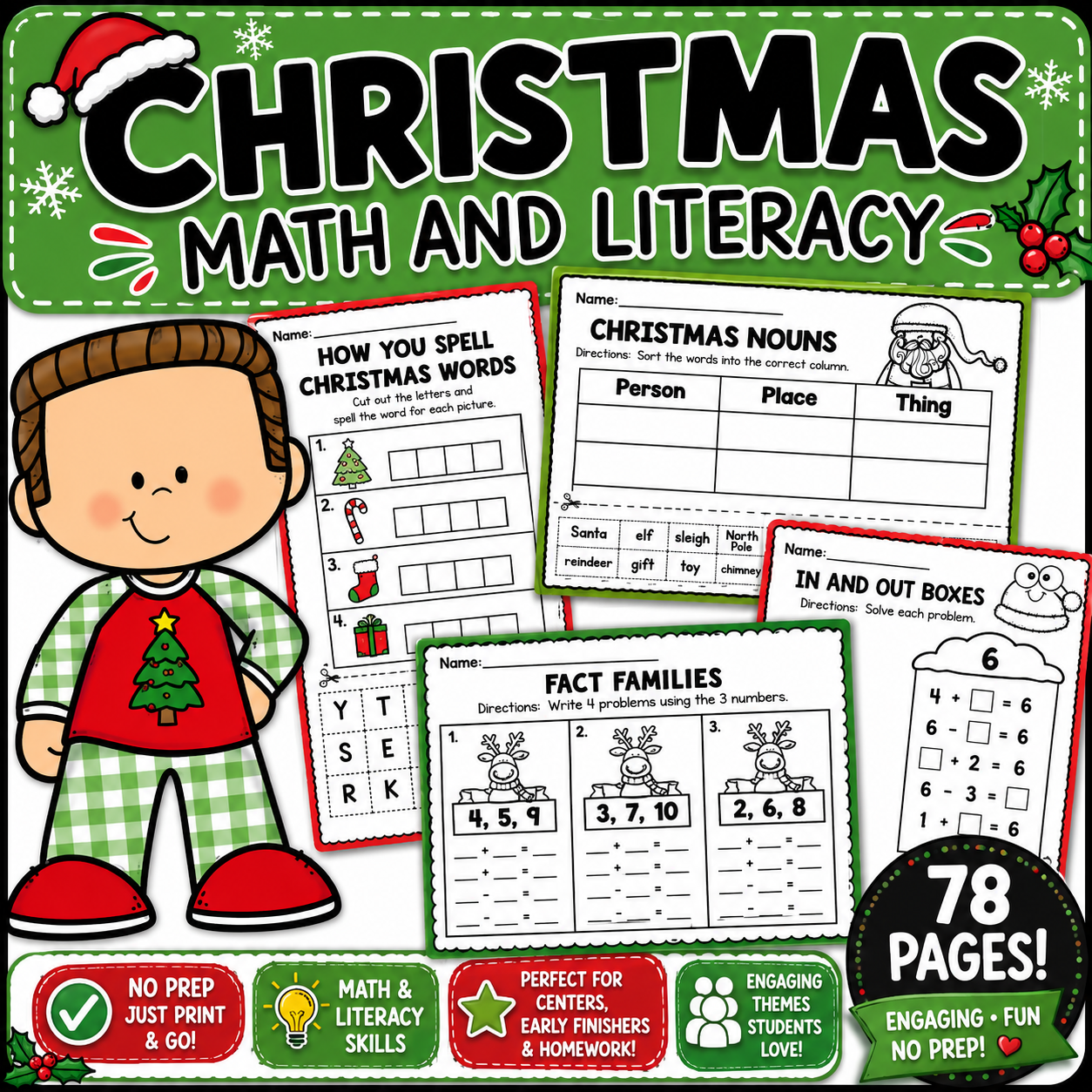 Christmas Worksheets No-Prep Packet | Fun Math & Literacy Activities for 1st & 2nd Grade