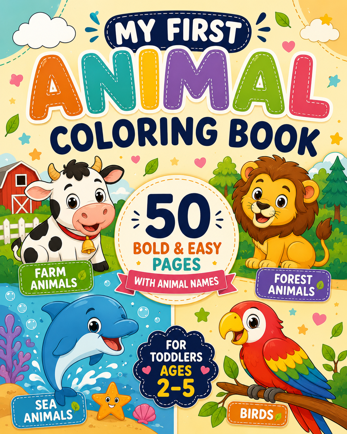 Cute animal coloring book for kids featuring 50 fun and easy coloring pages with adorable cartoon animals for children.