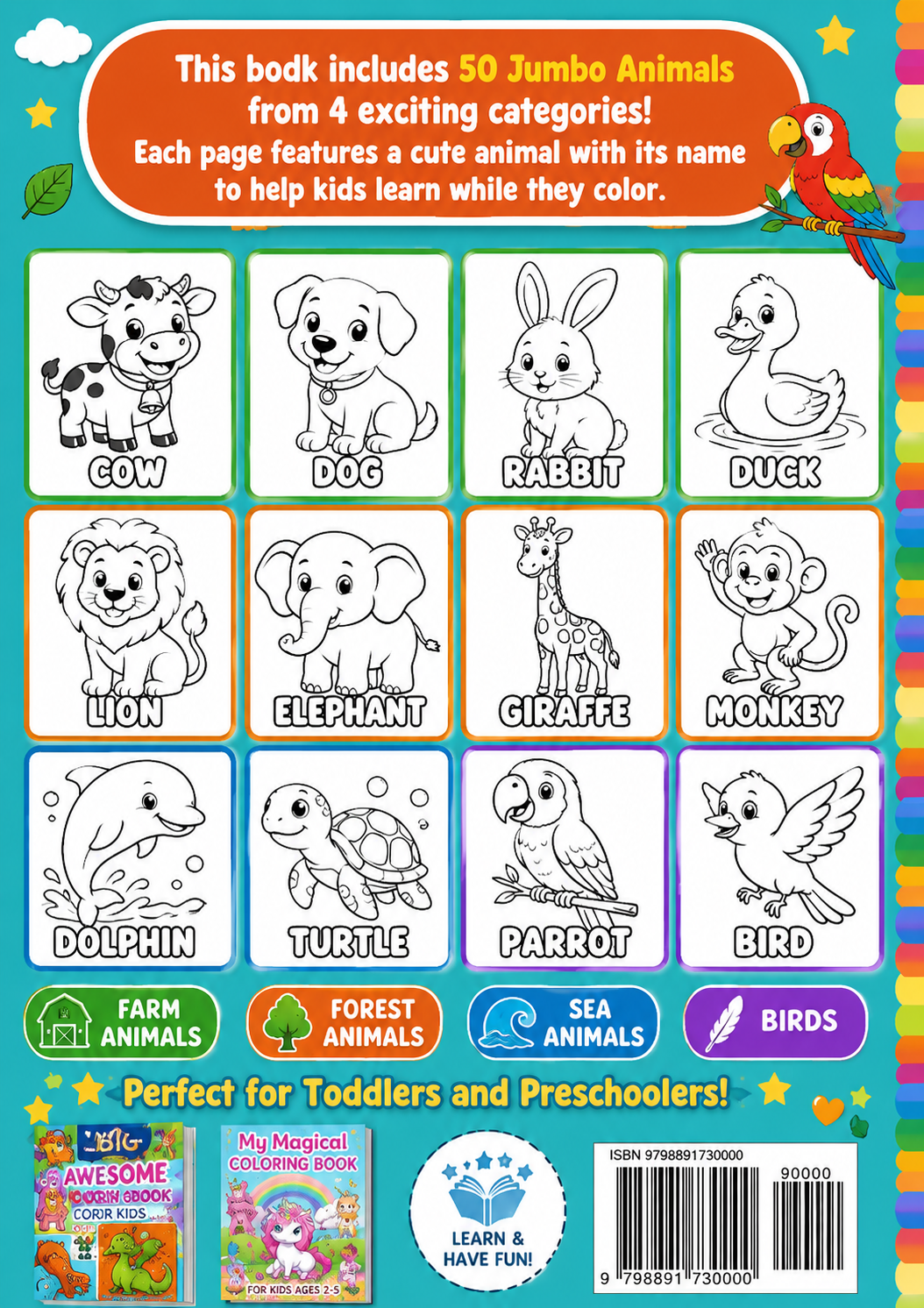 Cute animal coloring book for kids featuring 50 fun and easy coloring pages with adorable cartoon animals for children.