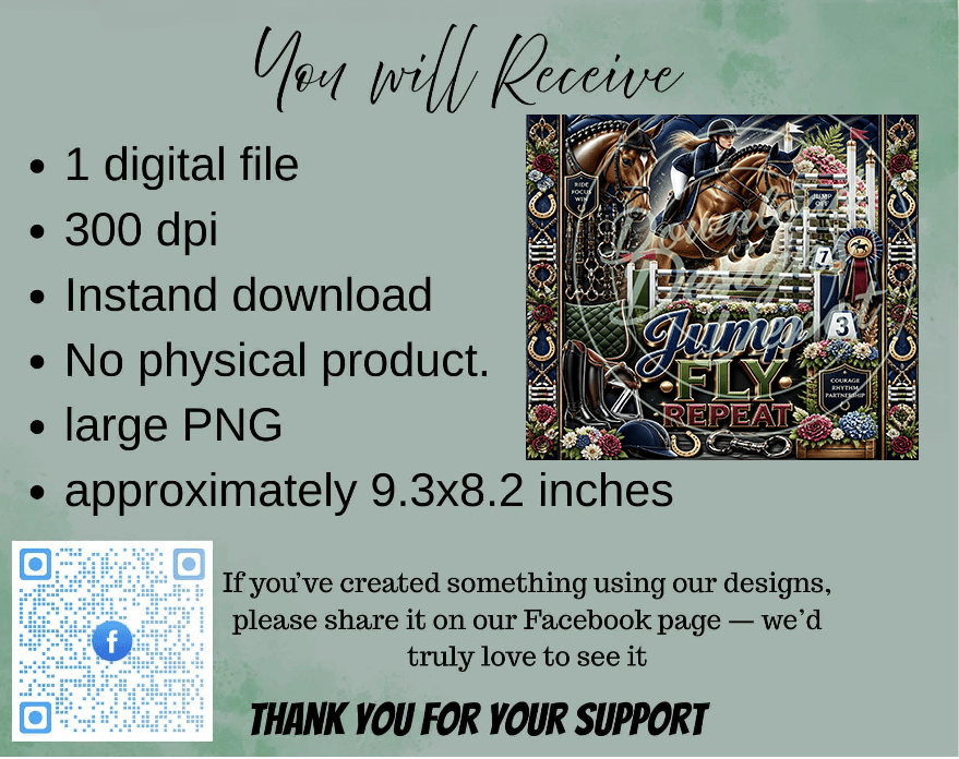 Equestrian 20oz tumbler wrap featuring a horse and rider jumping an obstacle, horse tack, show‑jumping poles, rosette ribbon, florals, and gold accents in a 300 DPI PNG design.