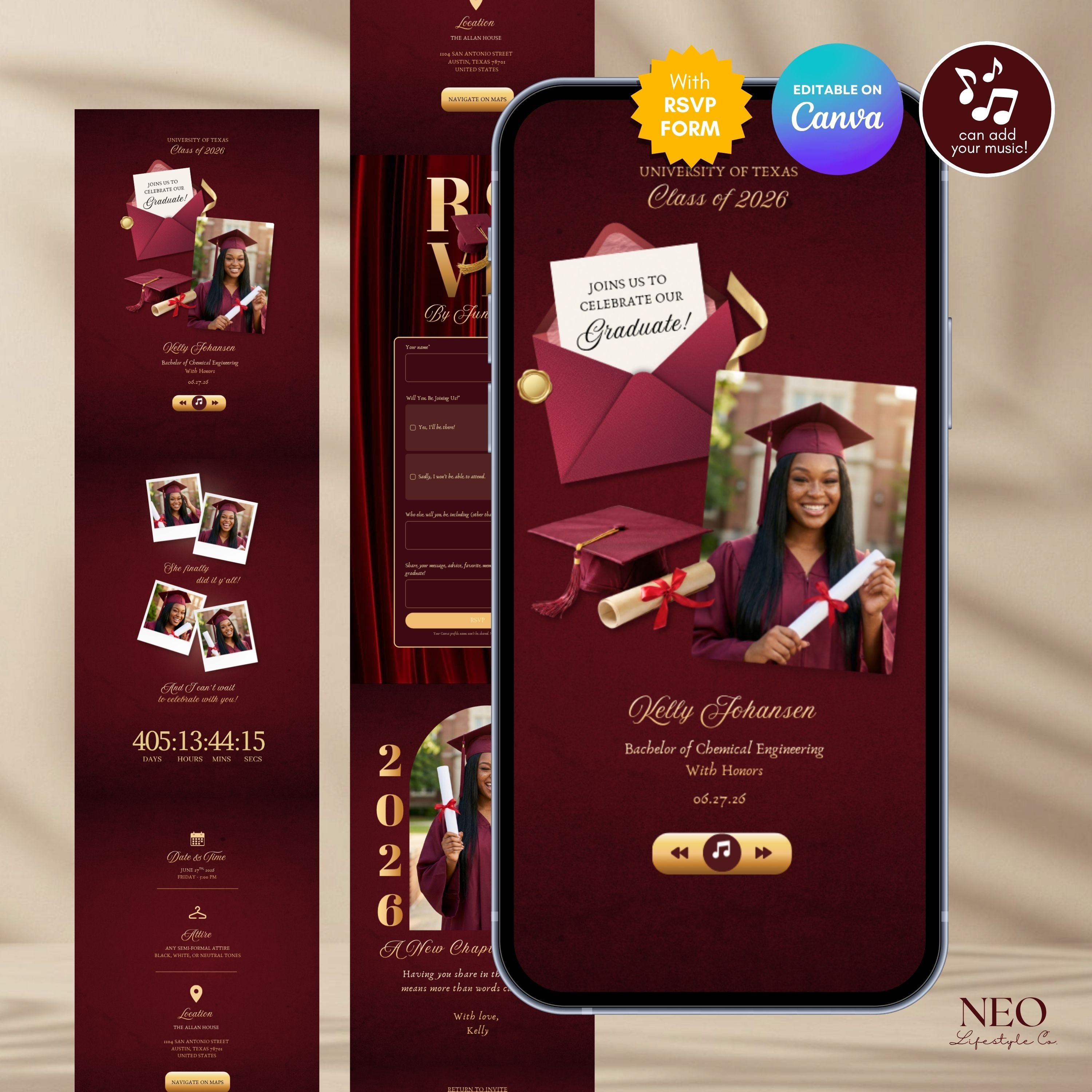 Graduation Website Invite Graduation Invitation Burgundy w/ RSVP Form for Class 2026 Trackable ...