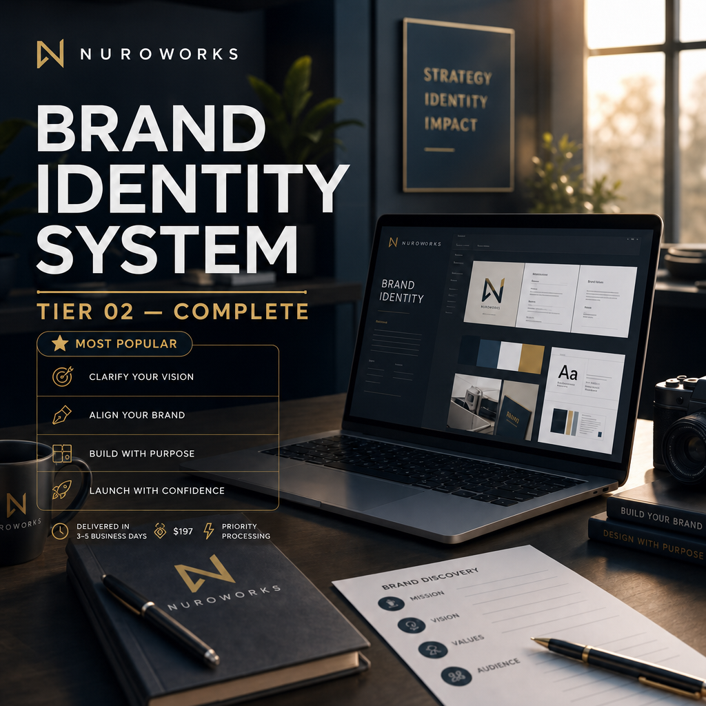 Cinematic workspace with a laptop and notebook displaying the NuroWorks Brand Identity System Tier 02 — Complete cover, featuring premium gold accents and a Most Popular badge.