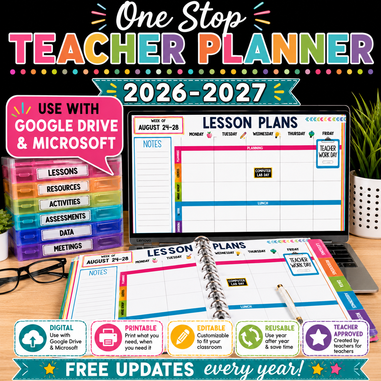 Editable Teacher Planner 2026–2027 | Printable & Digital Lesson Plan Binder