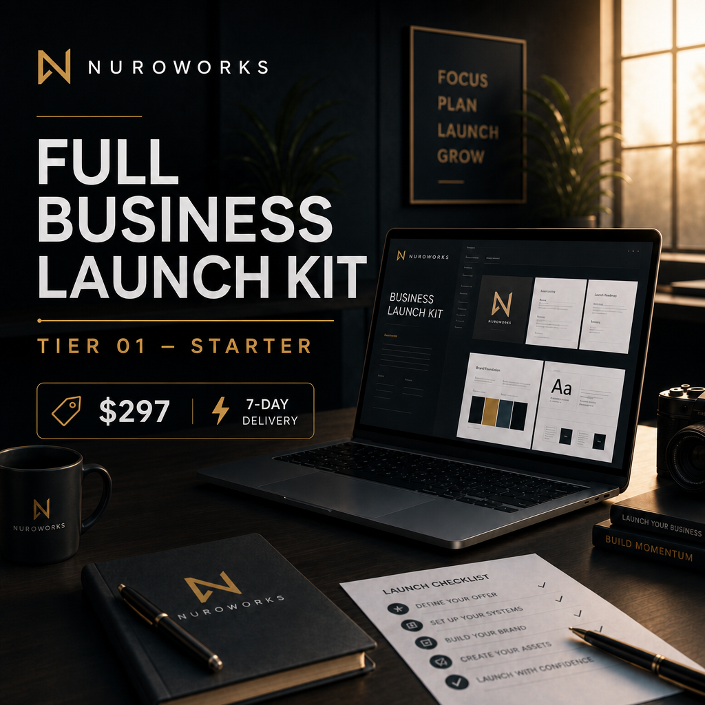 Cinematic dark workspace with laptop showing NuroWorks Full Business Launch Kit Tier 01 Starter cover.