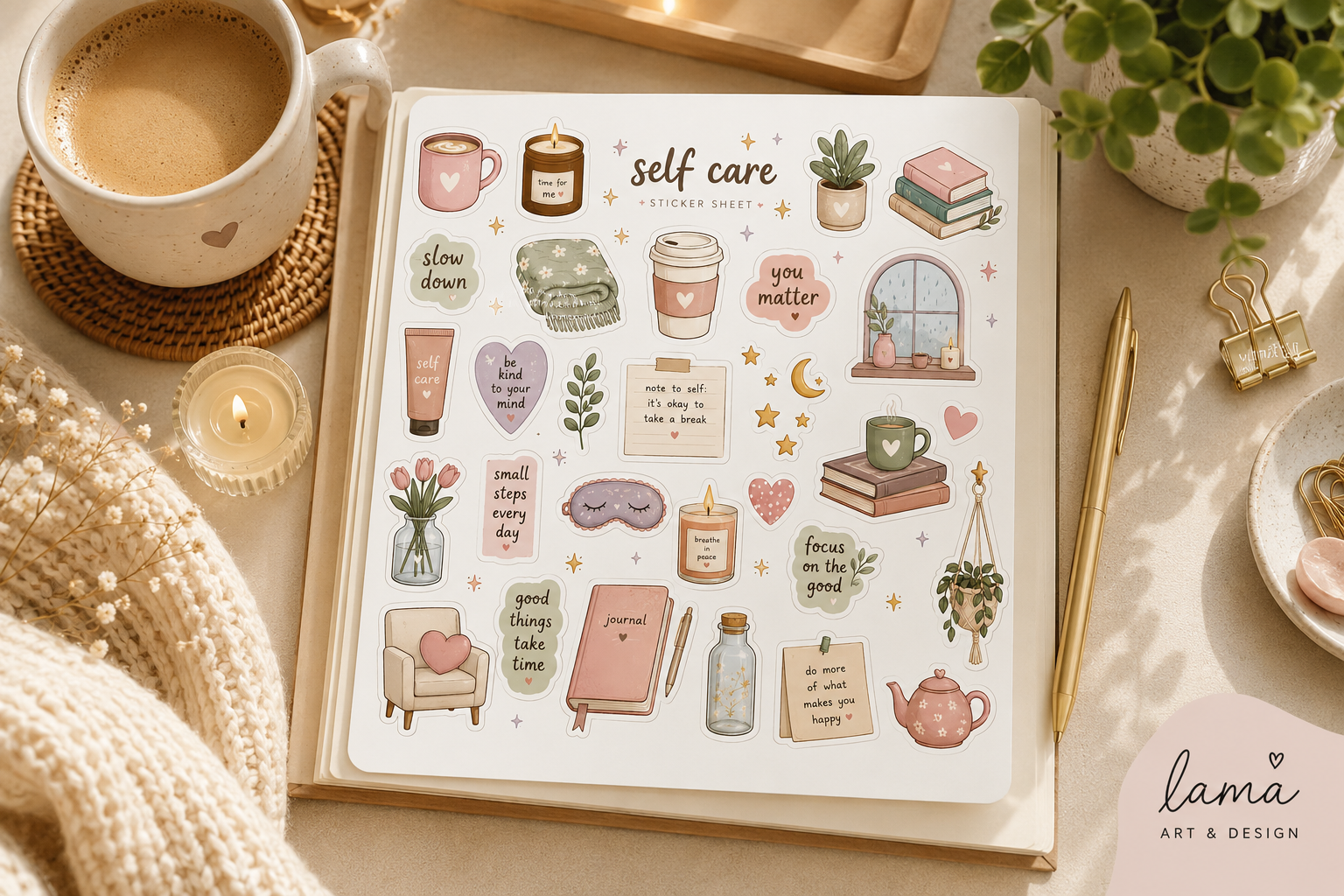 Self Care Sticker Sheet Bundle | Cozy Pastel Printable Stickers for ...