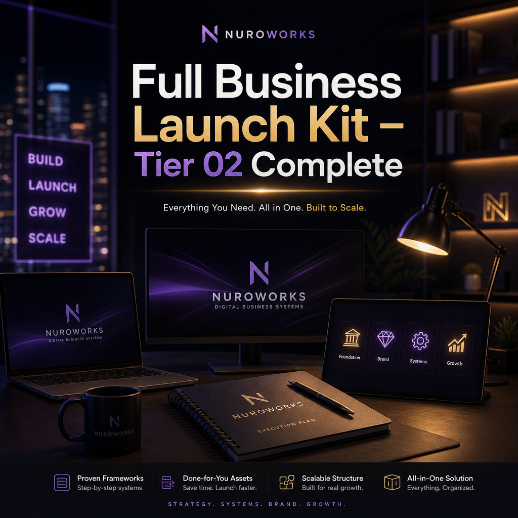 Cinematic dark workspace with laptop showing “Full Business Launch Kit — Tier 02 Complete” cover.