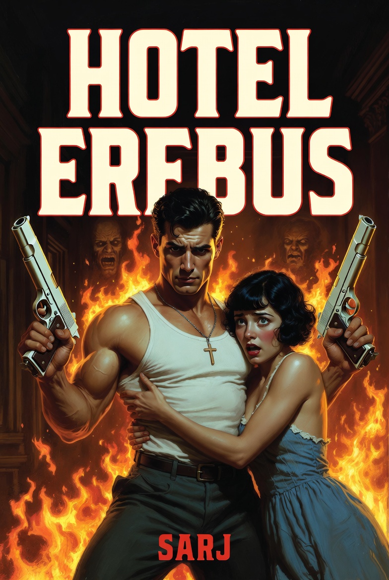 poster for "HOTEL EREBUS" by SARJ. A muscular man with dark slicked-back hair, wearing a white tank top and a cross necklace, stands in a fiery hellscape holding a silver pistol. A terrified woman with short black bobbed hair in a blue dress clings to his