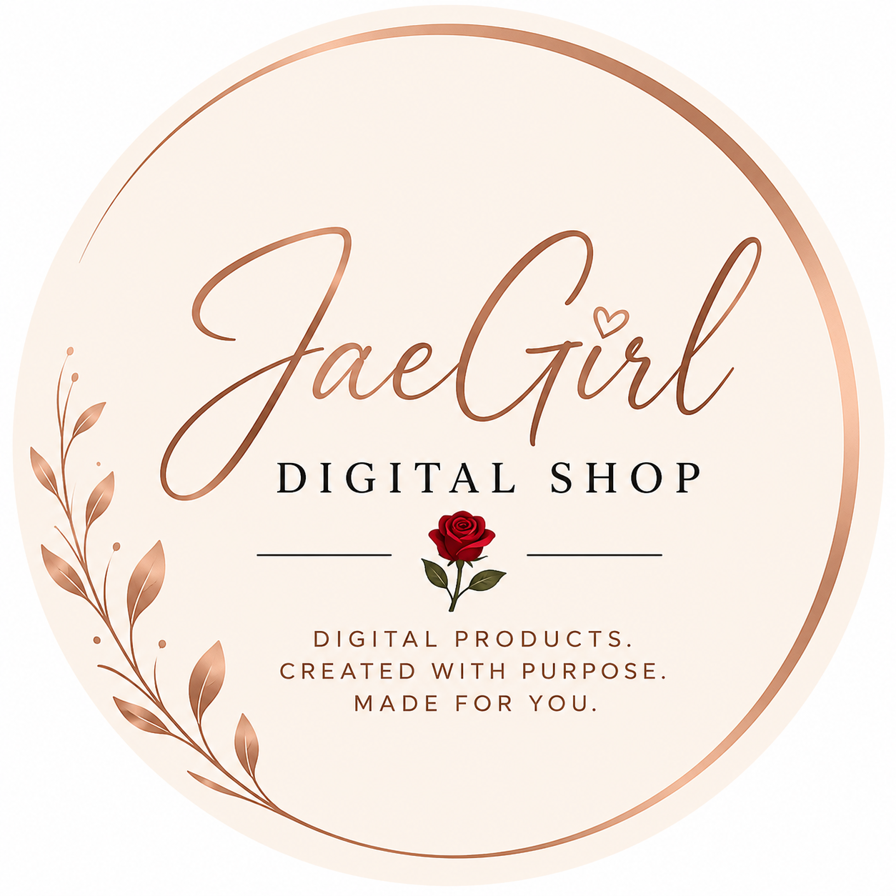 Elegant feminine logo for JaeGirl Digital Shop featuring soft neutral tones, rose gold accents, and digital journals for women focused on healing, self-care, reflection, and personal growth.