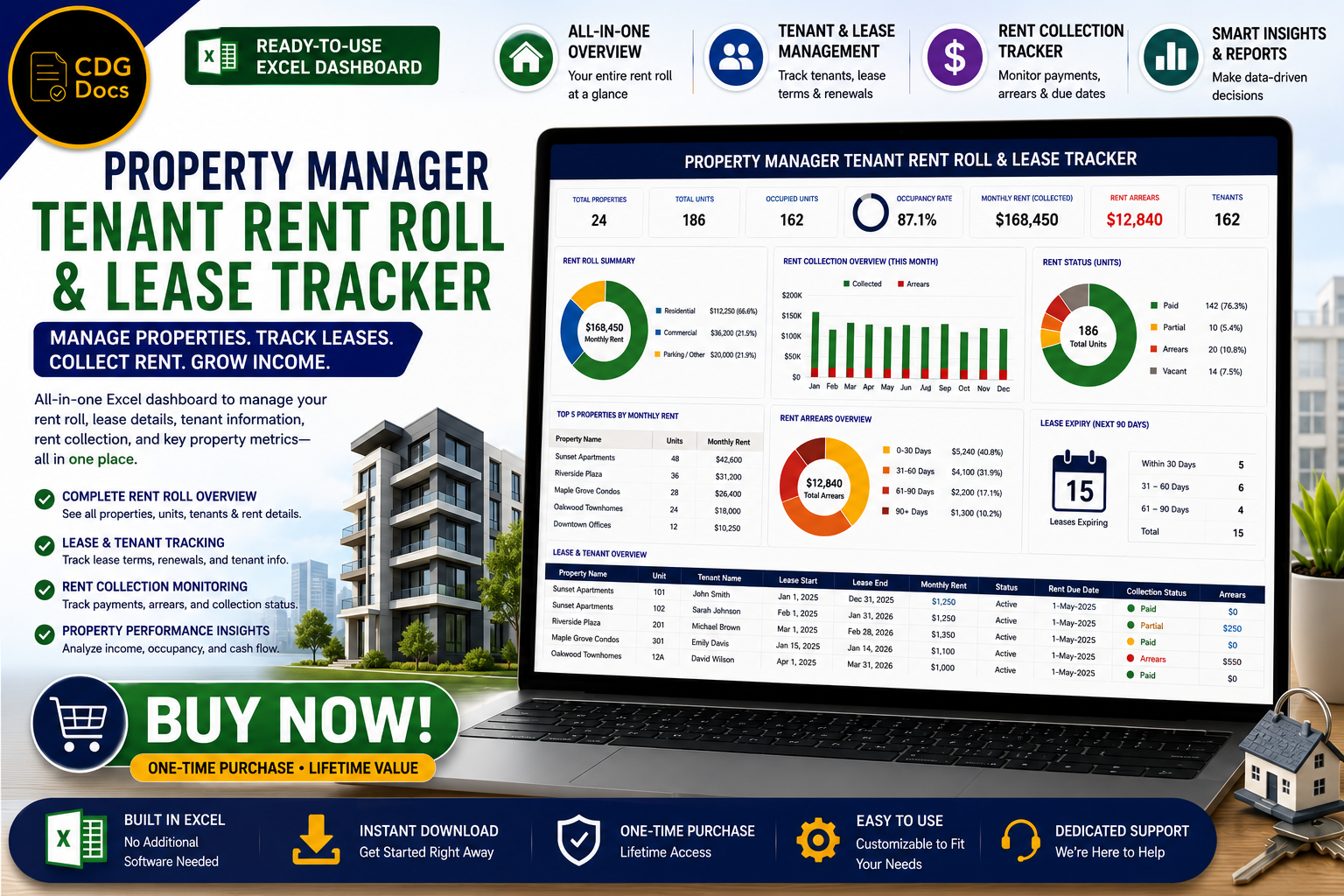 Property Manager Spreadsheet | Rent Roll Tracker | Tenant Lease Manager ...