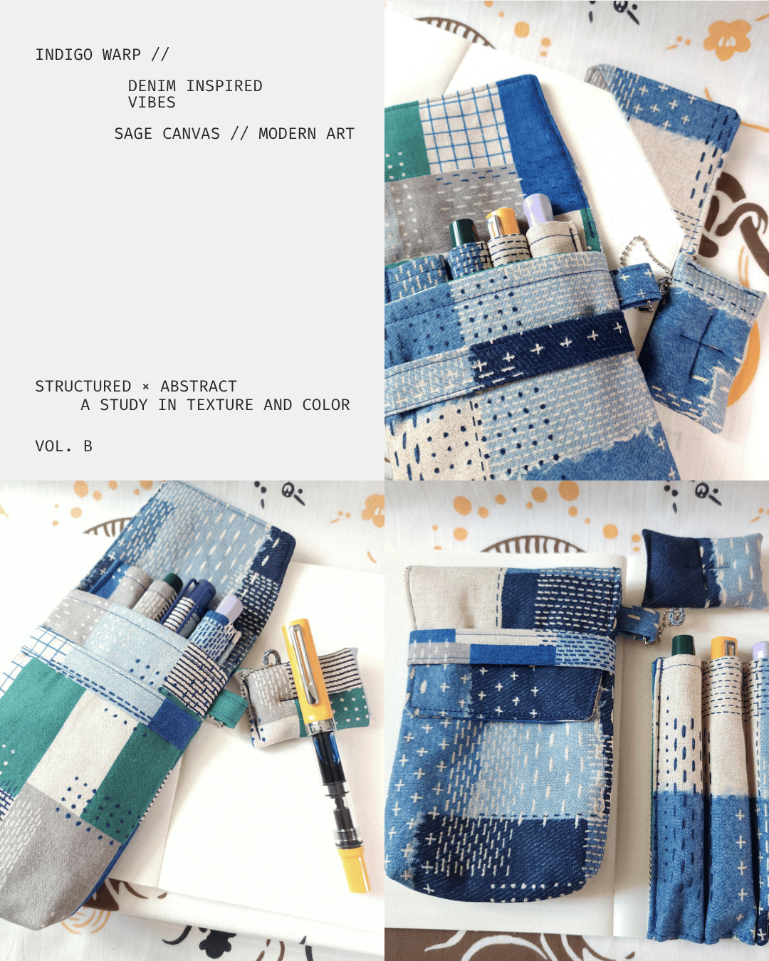 Handmade Japanese fabric 4-slot fountain pen case by BouSi Design. Features a protective fabric pen roll layout with individual slots to protect luxury fountain pens from scratches, styled on a desk for stationery and journaling lovers.