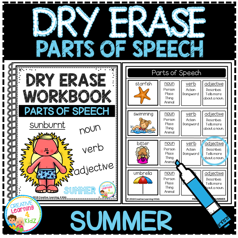 Summer Parts of Speech Dry Erase Workbook – Noun, Verb, Adjective Practice