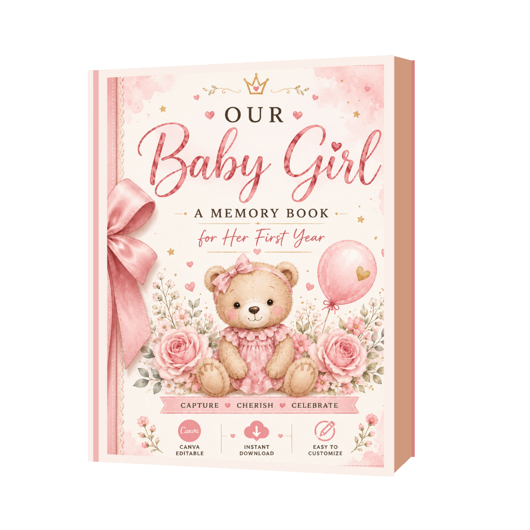 Title page for baby girl memory book with icons and text stating "Capture, Cherish, Celebrate".