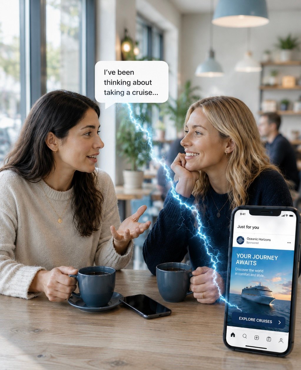 The image shows how it appears our phone's seem to be listening to our conversations. Two women have coffee together. The one woman says she's been thinking about taking a cruise. An electric bolt zings from that comment to her companions smartphone where an ad for a cruise line now pops up on the feed