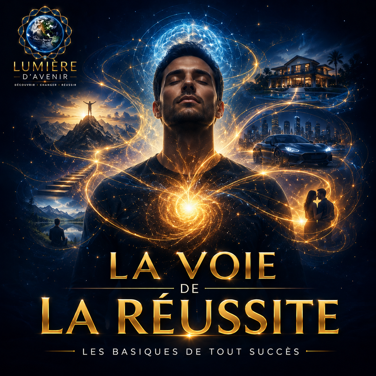 Formation vidéo La Voie de la Réussite de Lumière d’Avenir montrant un homme entouré d’énergie lumineuse et de symboles de réussite, développement personnel, loi d’attraction, manifestation consciente, abondance, spiritualité et transformation intérieure.