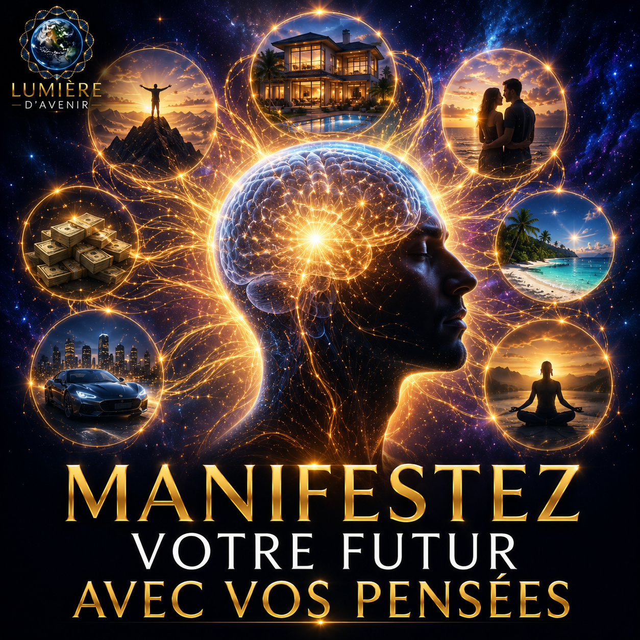 Illustration d’un cerveau émettant des fréquences énergétiques lumineuses entouré d’images de réussite, abondance, amour, voyage et liberté, représentant la manifestation consciente par les pensées et la loi d’attraction selon Lumière d’Avenir.