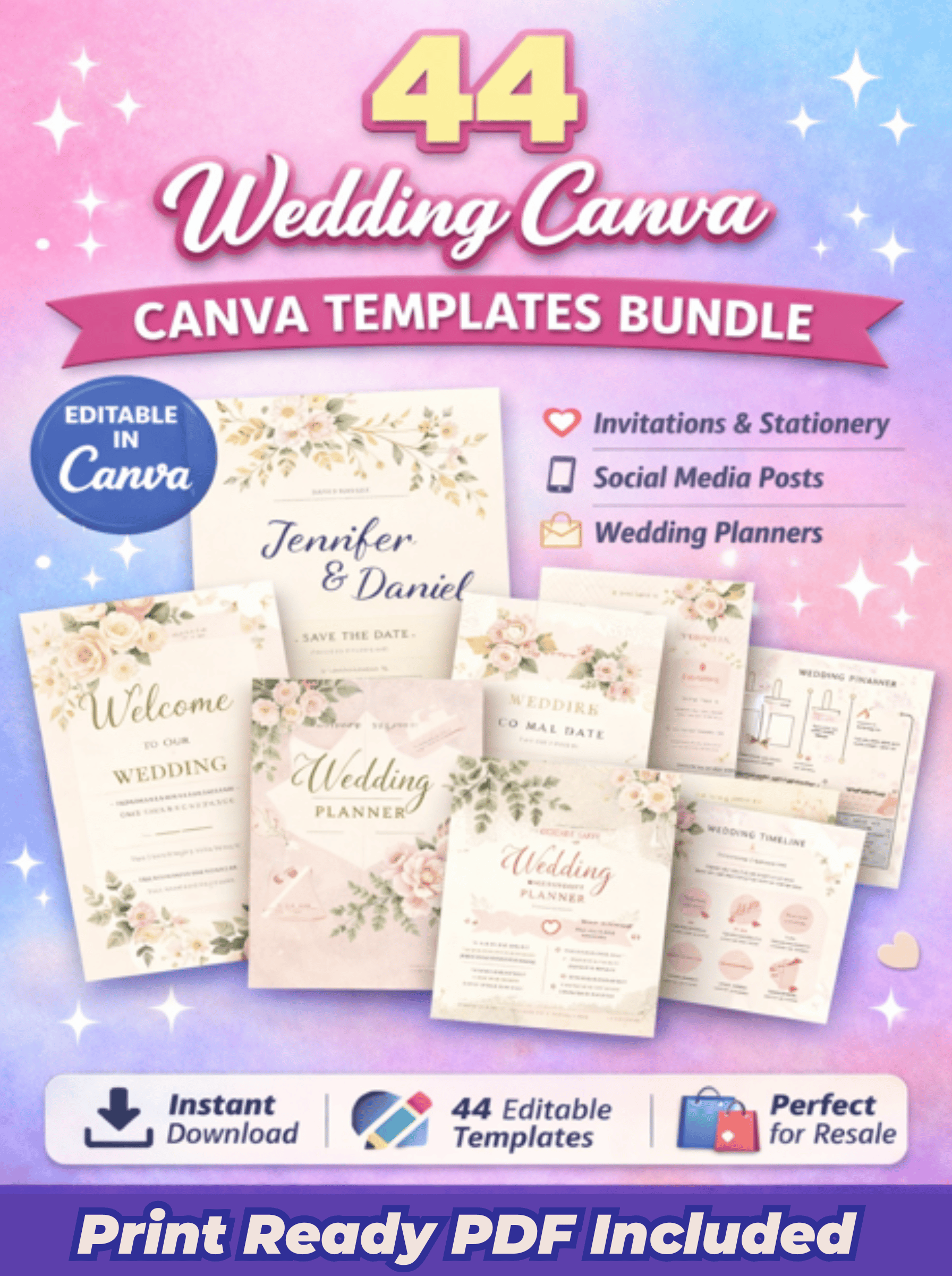 The Ultimate Wedding Stationery Bundle | 44 Editable Canva Templates ...