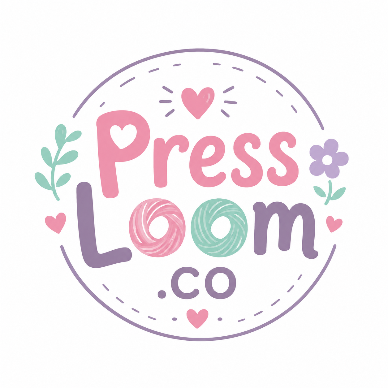 Press Loom.co logo featuring pastel typography with heart and floral elements, representing digital planners, journals, printables, and creative productivity products.