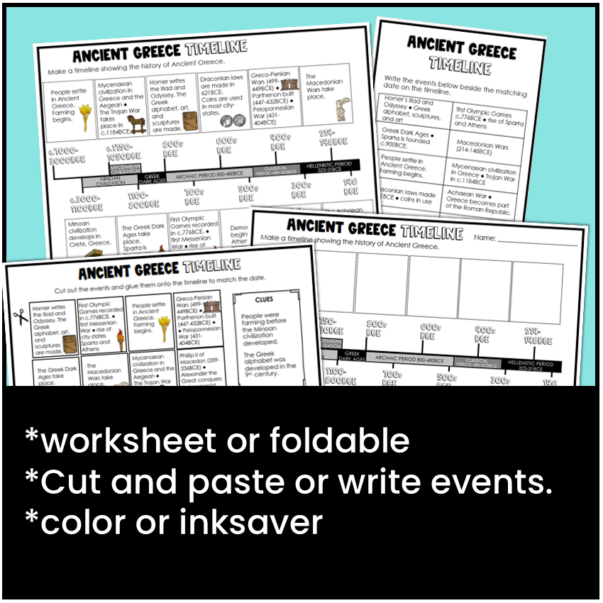 Worksheet or foldable options, cut and paste or write events, color and ink saver.