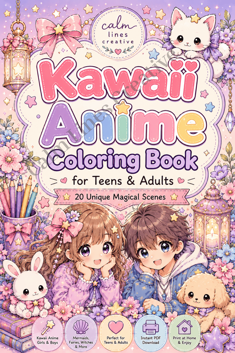 Kawaii Anime Coloring Book cover for Teens & Adults featuring cute anime characters, a bunny, puppy, pastel flowers, lanterns and magical fantasy details.