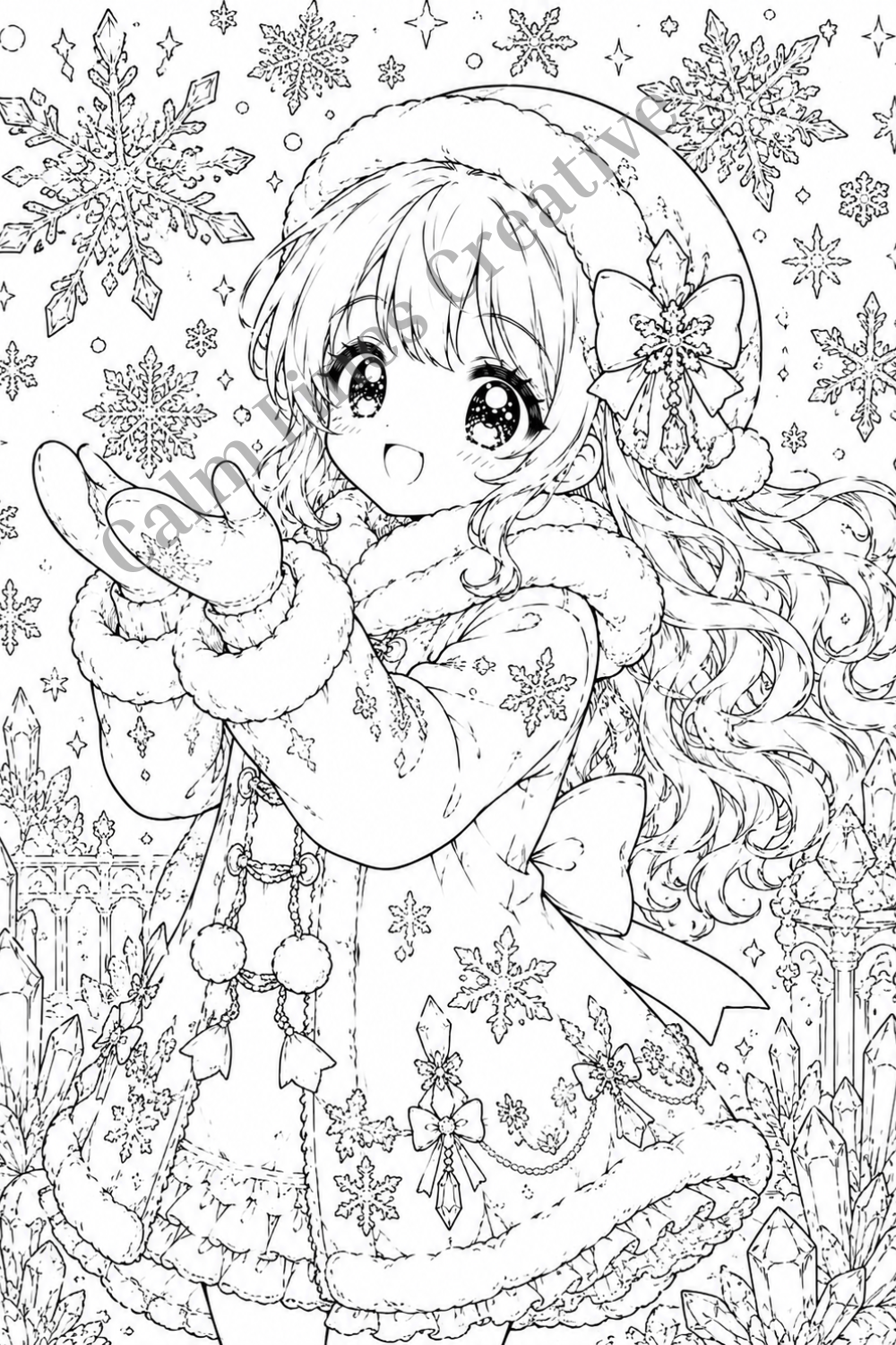Kawaii anime girl coloring page in a winter outfit with falling snowflakes, long braided hair, bow details and a magical snowy background.