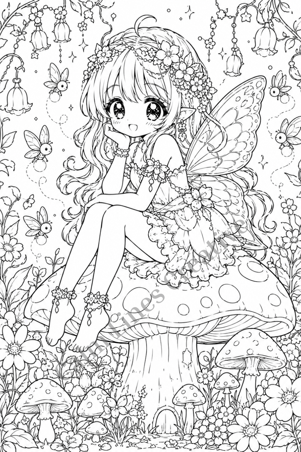 Kawaii fairy girl coloring page sitting on a large mushroom, surrounded by flowers, butterflies, tiny forest creatures and a whimsical enchanted garden.