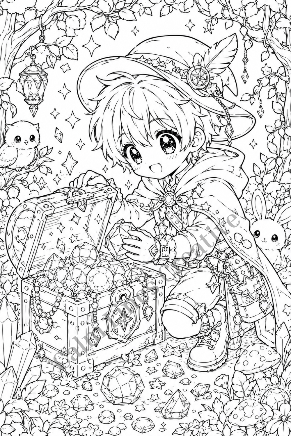 Kawaii anime adventurer coloring page with a young explorer, open treasure chest, sparkling gems, magical map, tiny forest animals and an enchanted woodland background.