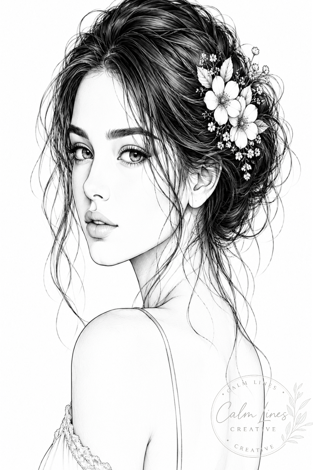 Elegant floral portrait coloring page from Bloom and Calm, featuring a woman with a flower-adorned updo in detailed black-and-white line art.