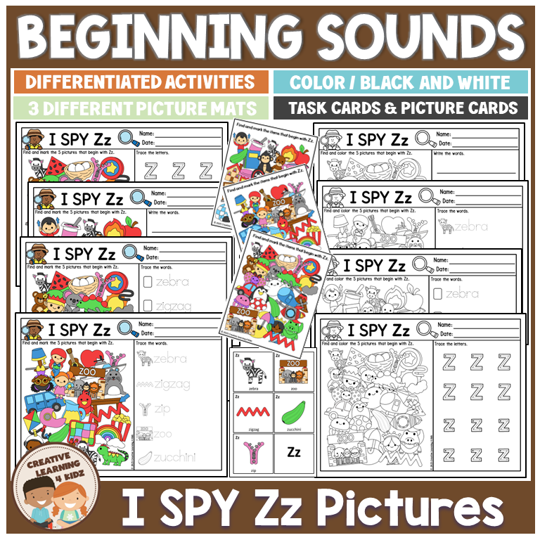 Alphabet I Spy Beginning Letter Sound Zz Recognition Phonics Worksheets