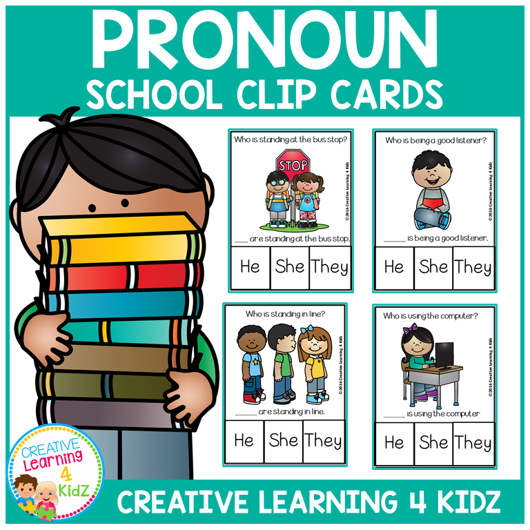 Back to School Pronoun Clip Cards | He She They Grammar Practice for Kids