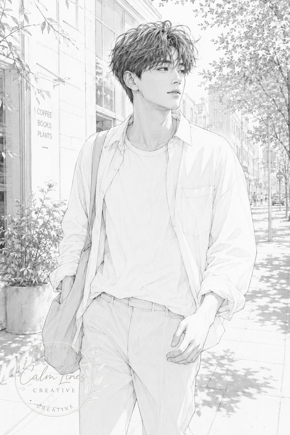 Aesthetic Men grayscale male portrait coloring page with relaxed outdoor scene