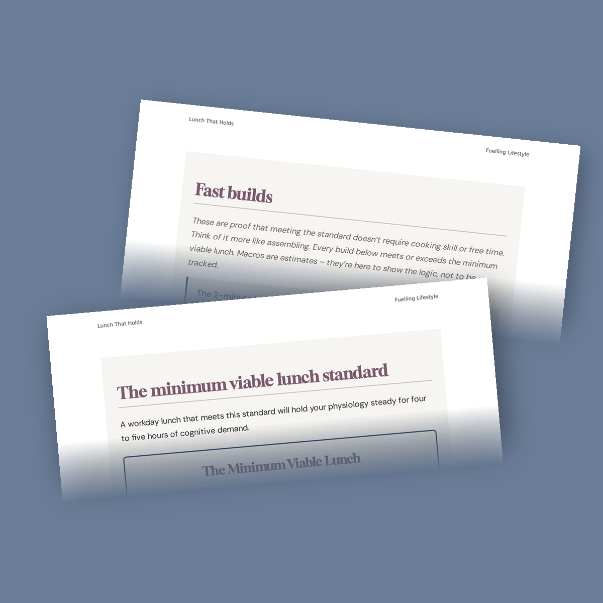 Preview pages from Lunch That Holds showing the minimum viable lunch standard and fast lunch builds.