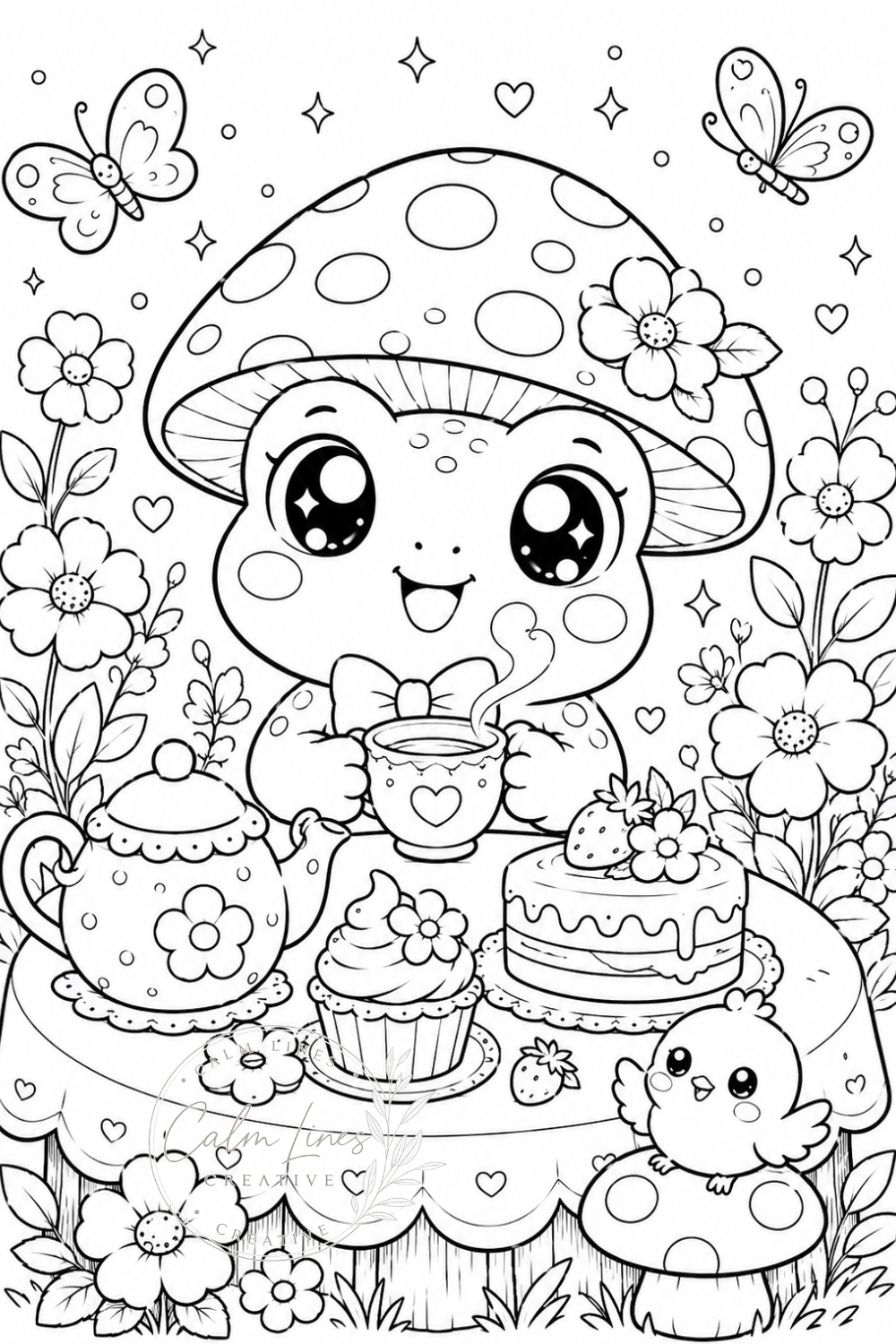 Für dieses Bild bitte eintragen:  Kawaii frog coloring page with a smiling frog wearing a mushroom hat, having a tea party with cupcakes, flowers and butterflies.