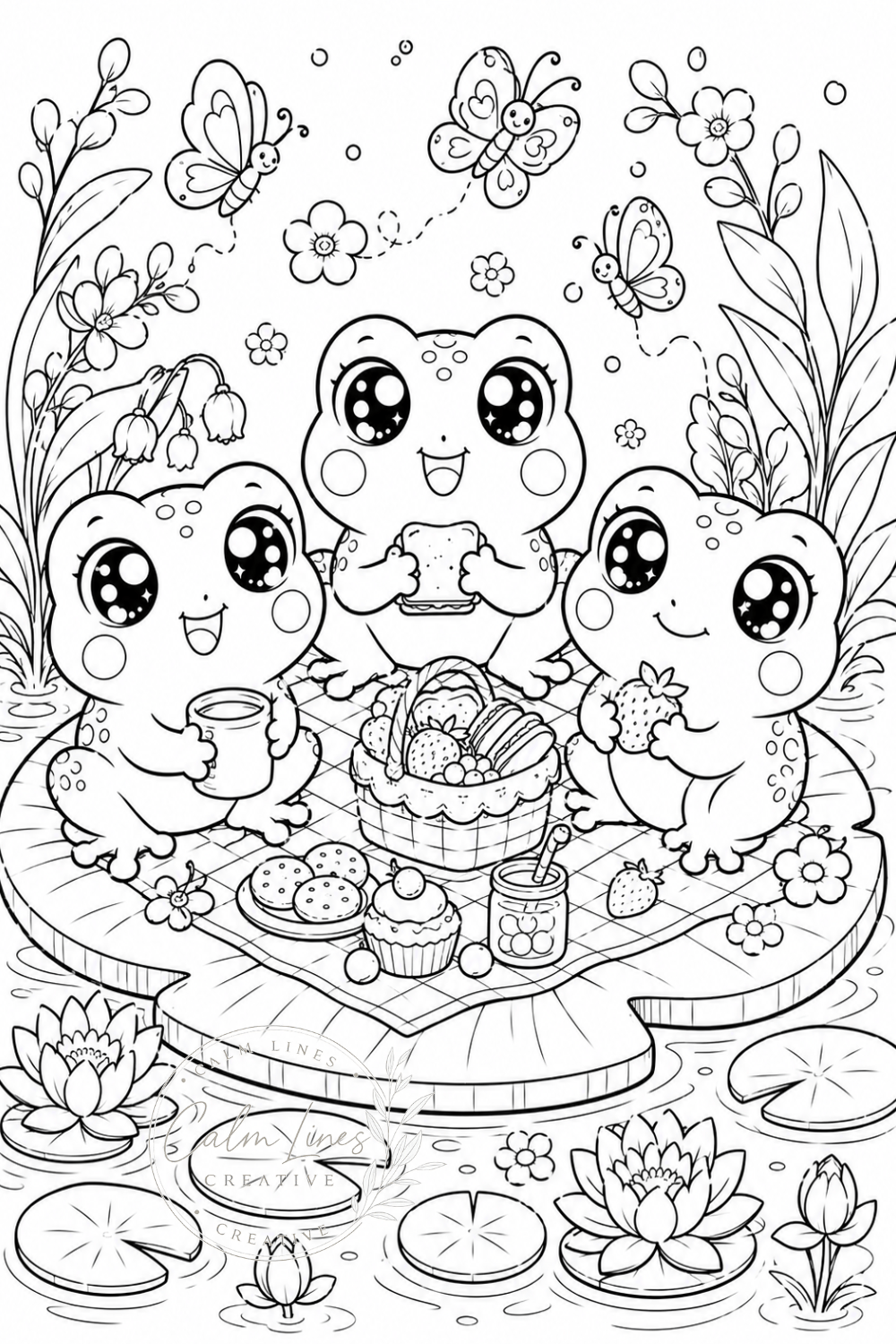 Kawaii frog coloring page featuring three smiling frogs having a tea party with cakes, strawberries, butterflies, flowers and lily pads.