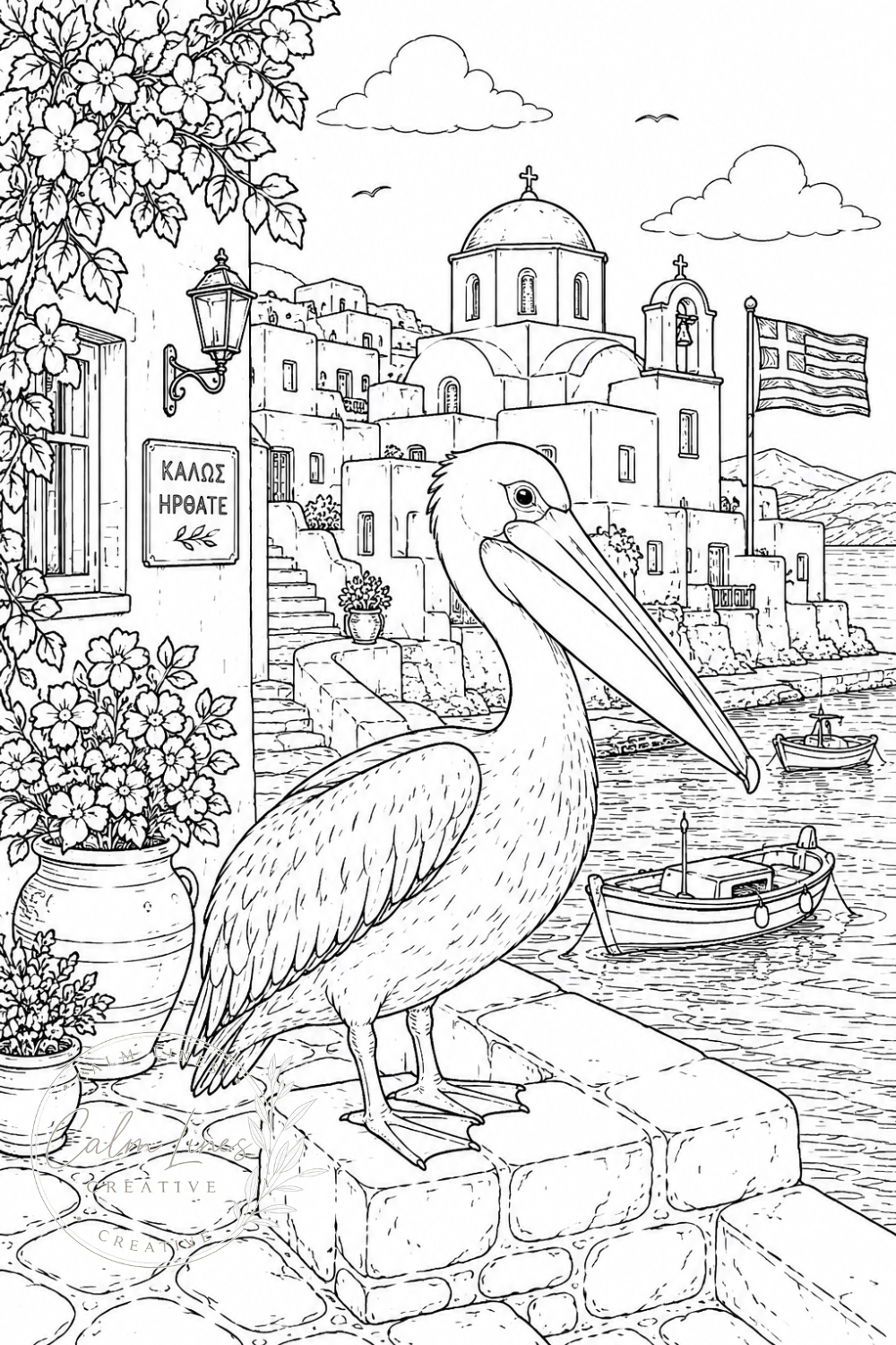 Mediterranean harbor coloring page featuring a pelican standing on stone steps, with a Greek island village, church domes, fishing boat, waterfront flowers and coastal details in the background.