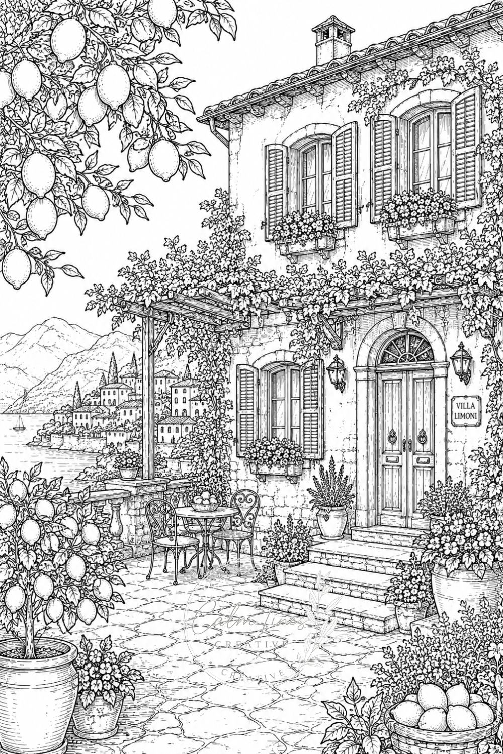 Mediterranean villa coloring page featuring a charming coastal house with shutters, a vine-covered terrace, lemon trees, potted plants, café table, stone pathway and sea view in the background.