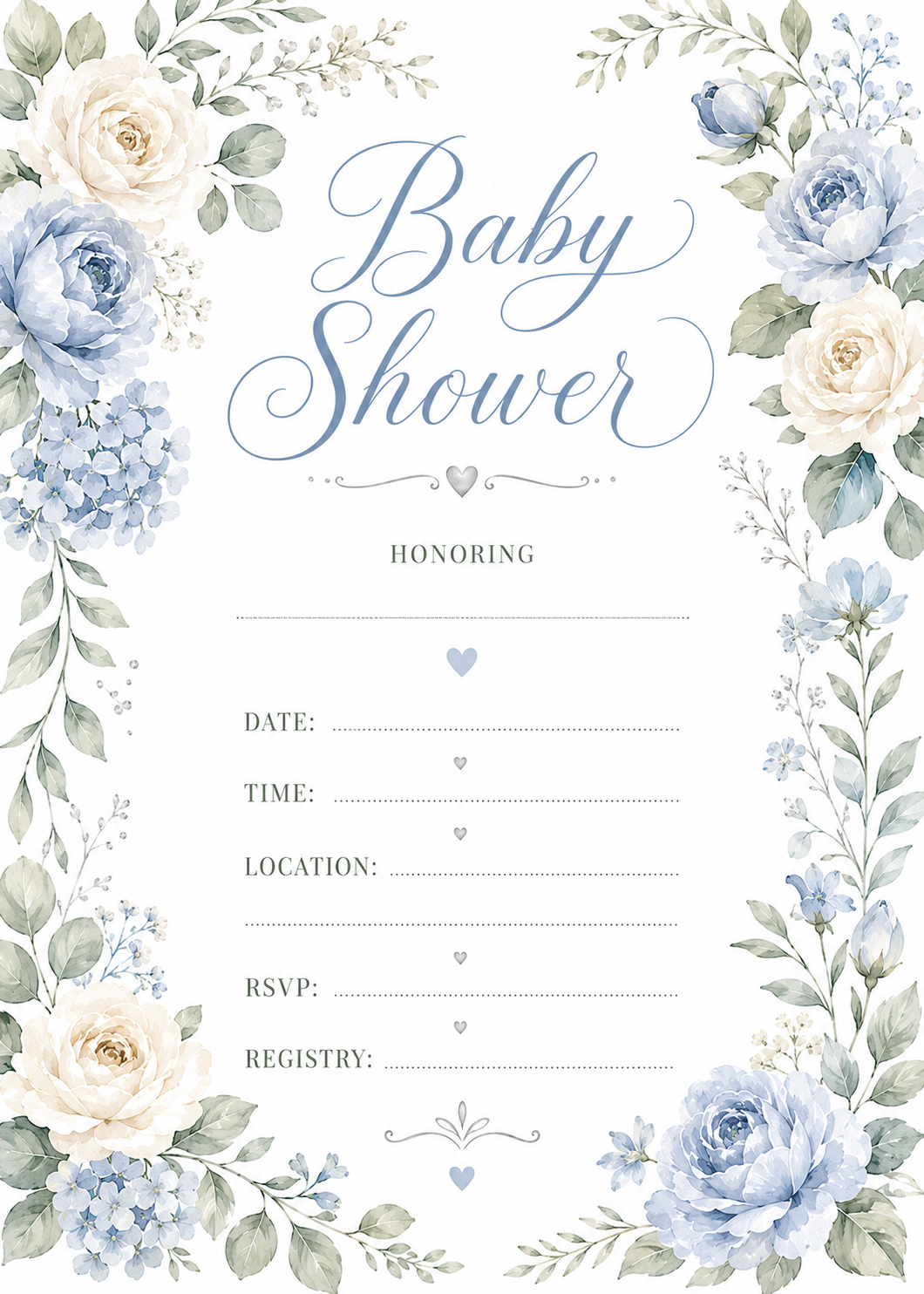 Elegant baby shower invitation with watercolor floral frame and white background  Printable 5x7 baby shower invitation template with soft floral border  Watercolor floral baby shower invite featuring elegant script title  Minimal baby shower invitation wi