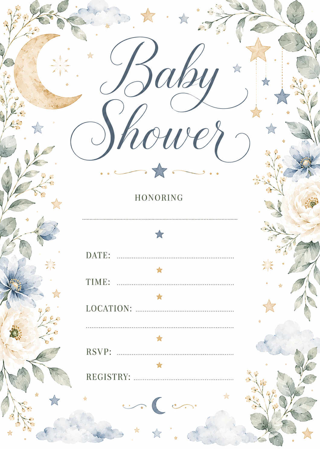 Elegant baby shower invitation with watercolor floral frame and white background  Printable 5x7 baby shower invitation template with soft floral border  Watercolor floral baby shower invite featuring elegant script title  Minimal baby shower invitation wi