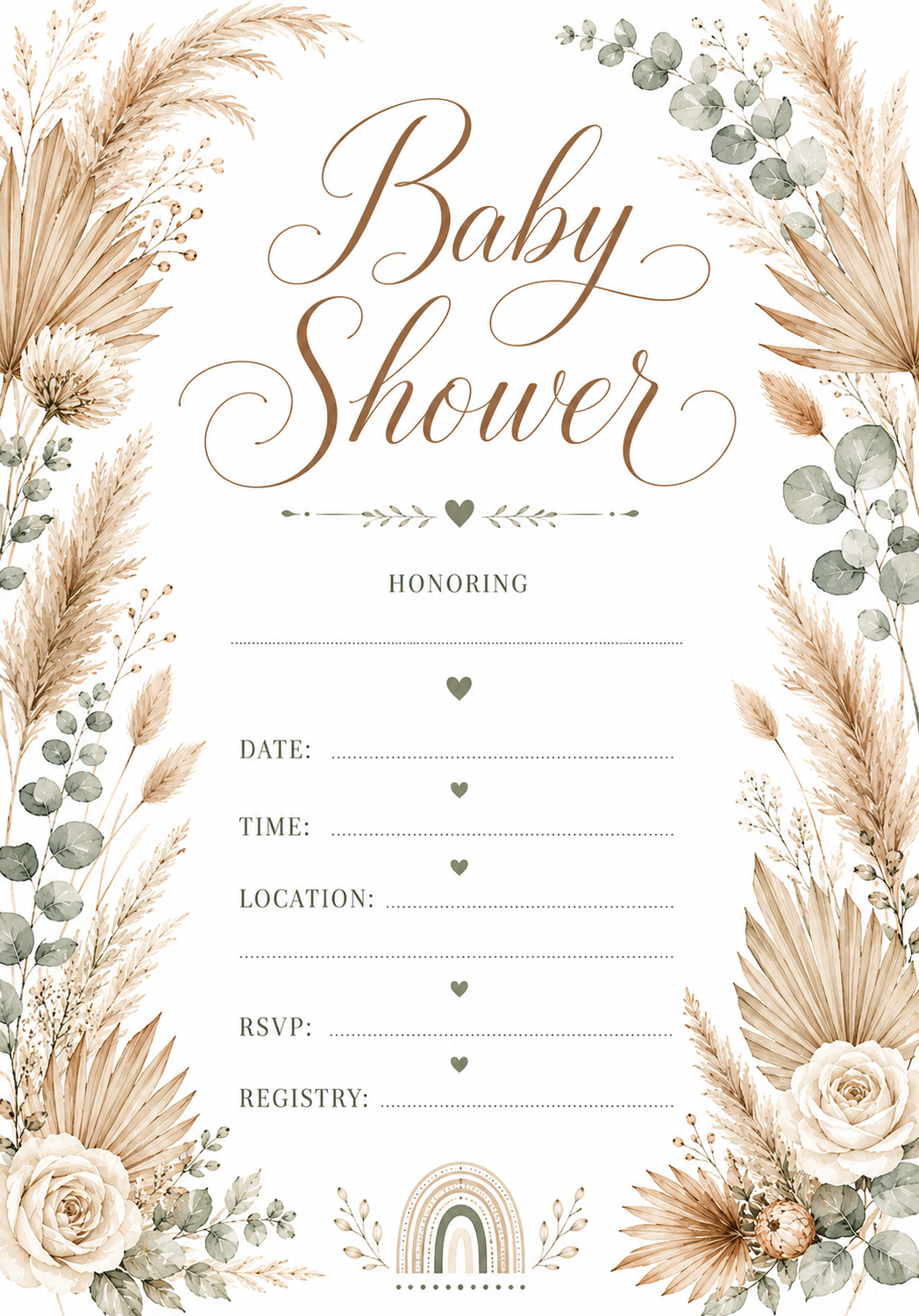 Elegant baby shower invitation with watercolor boho floral frame and white background  Printable 5x7 baby shower invitation template with soft floral border  Watercolor floral baby shower invite featuring elegant script title  Minimal baby shower invitati