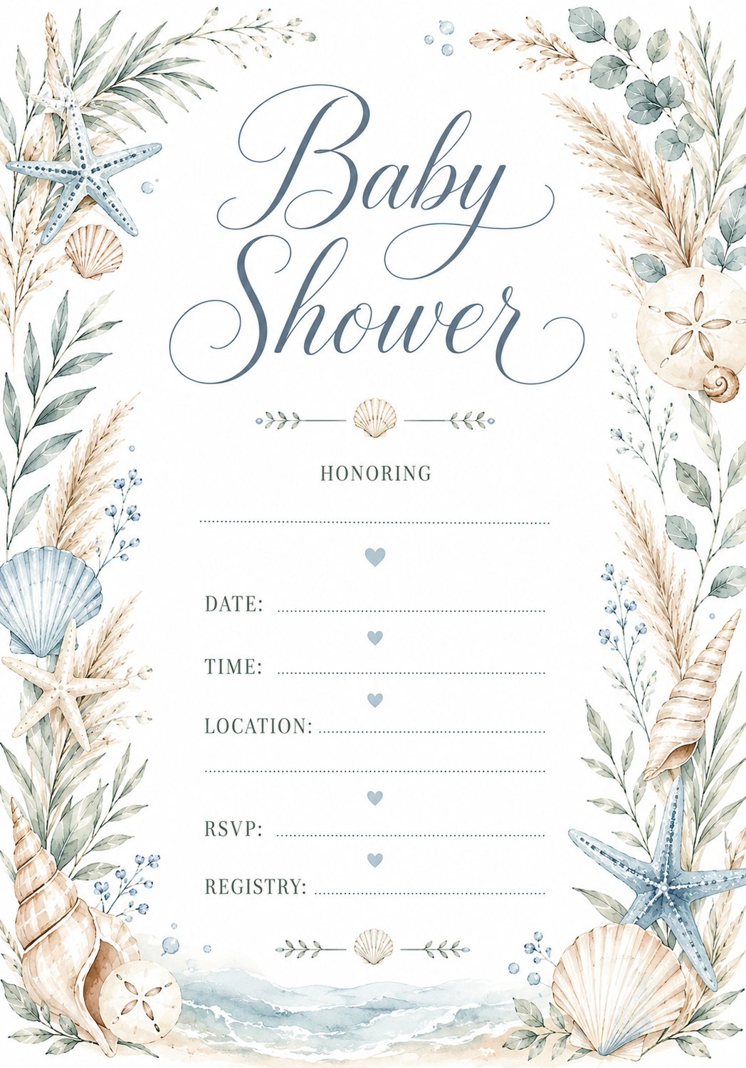 Coastal vibe watercolor baby shower printable invitation. Elegant baby shower invitation with watercolor floral frame and white background  Printable 5x7 baby shower invitation template with soft floral border  Watercolor floral baby shower invite featuri