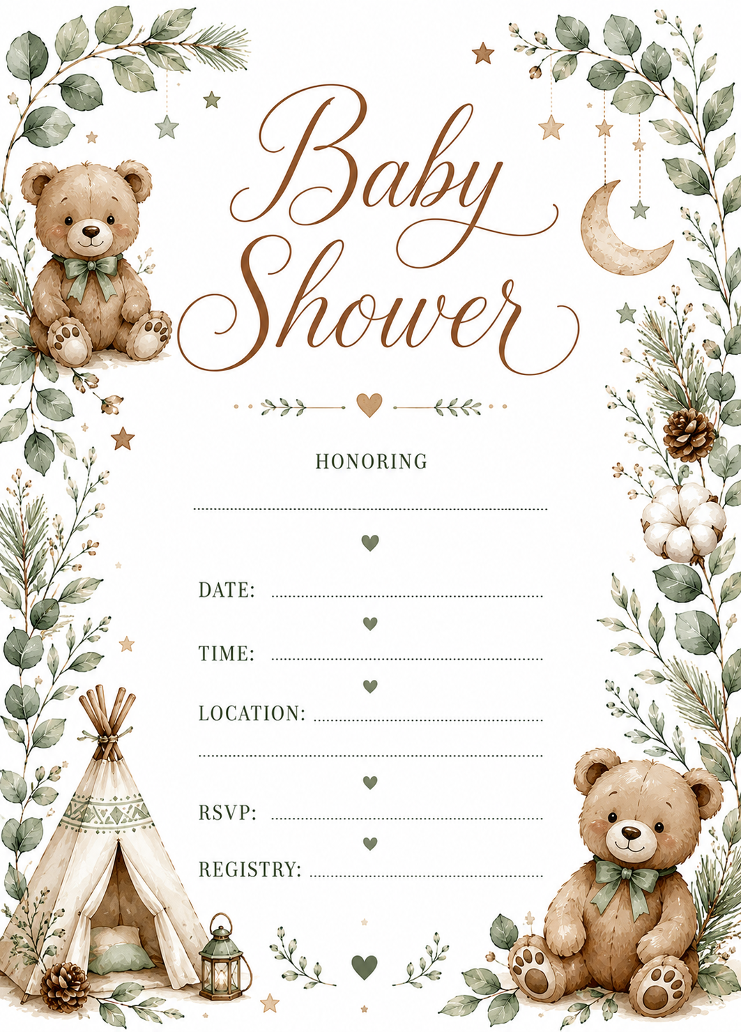 Elegant baby shower invitation with watercolor floral frame and white background  Printable 5x7 baby shower invitation template with soft floral border  Watercolor floral baby shower invite featuring elegant script title  Minimal baby shower invitation wi